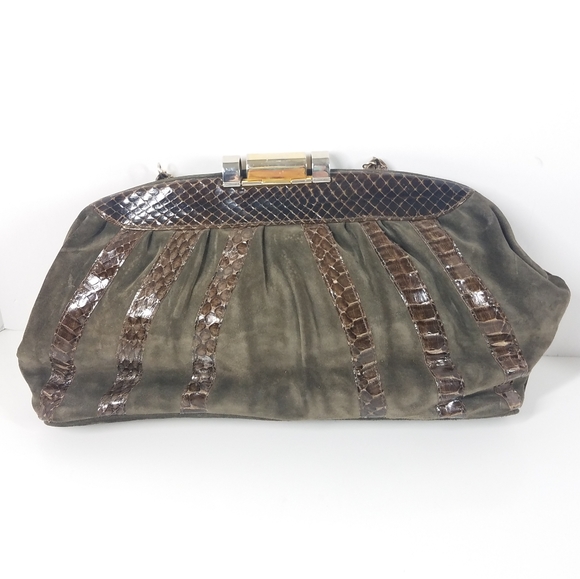 Vintage Dark Moss Green Suede Brown Snakeskin Purse - Picture 3 of 10